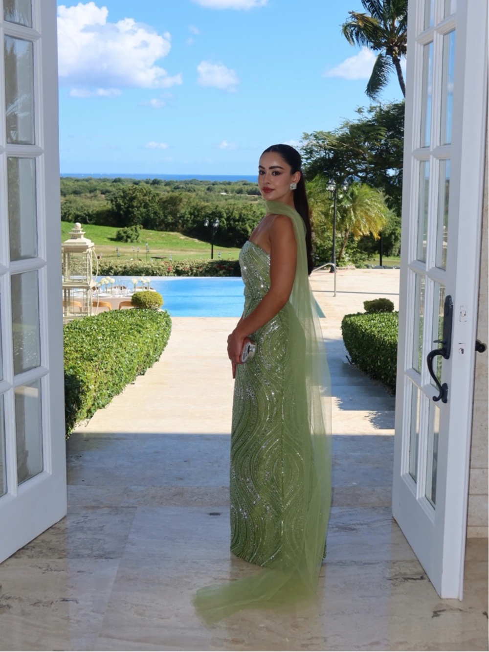 Nora Parada Elegant Green Beaded Evening Gown with Neck Scarf